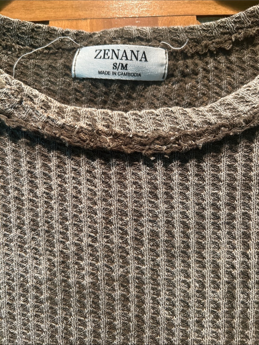 Zenana Outfitters Distressed Slouchy Short Sleeve Waffle Knit Top - Olive Acid - Picture 2 of 4